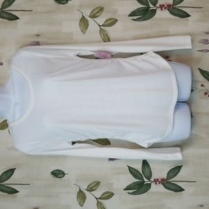 Full Circle Threads white long sleeve tee, with lace across back shoulders